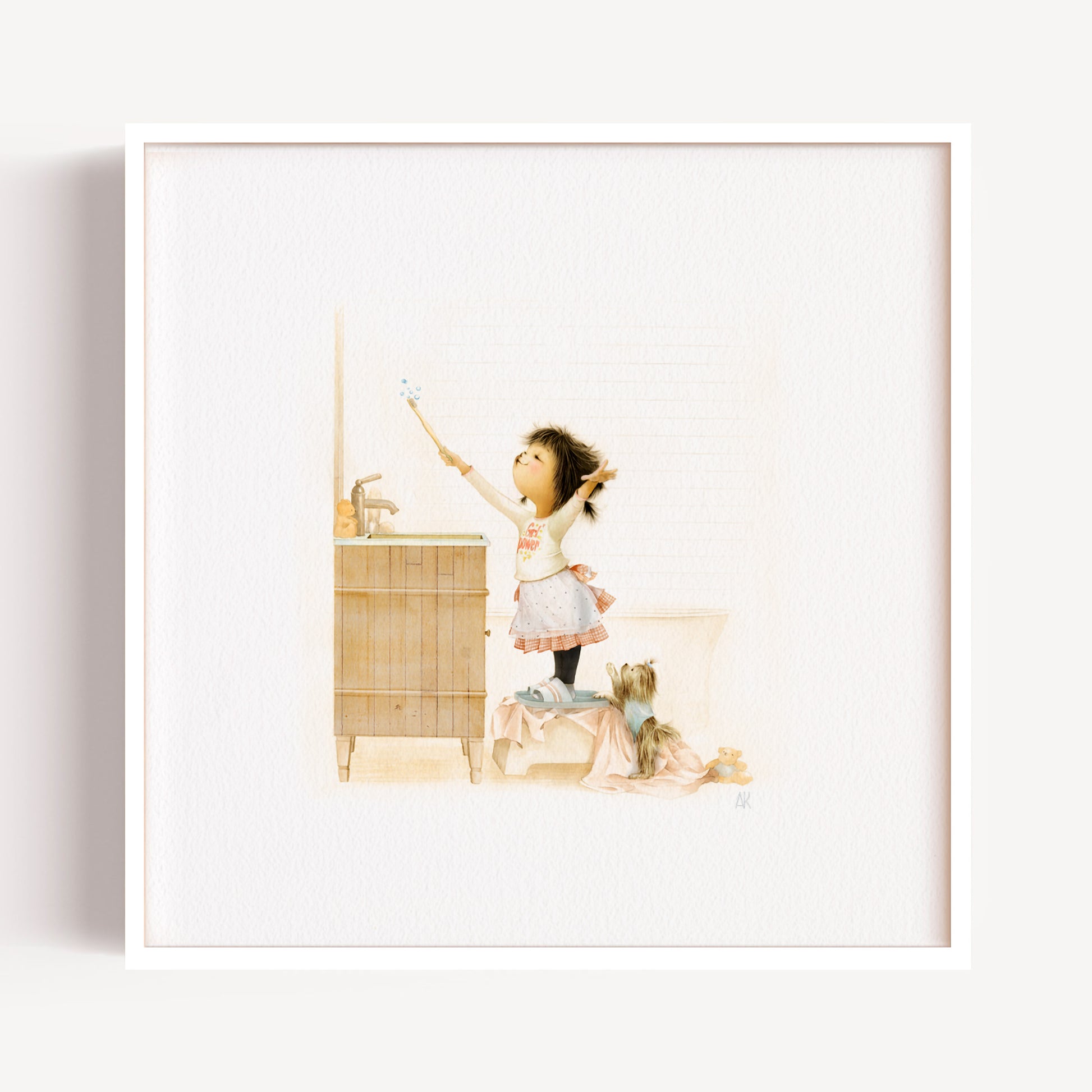 Framed illustration of a girl in an apron standing on a stool in a bathroom.