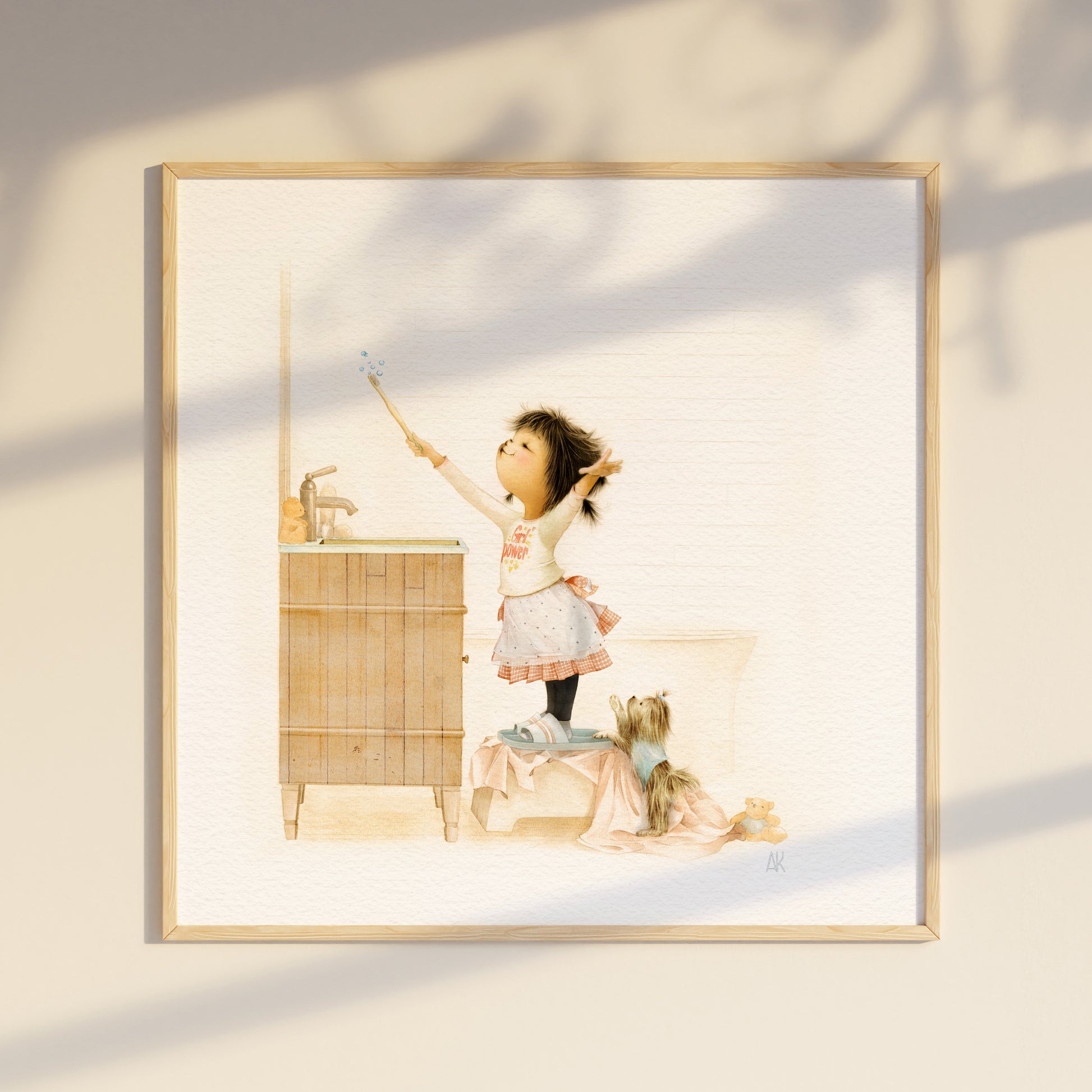 Framed artwork of a child playing with a toy kitchen set on a light background