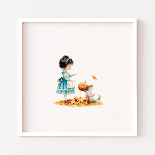 Framed artwork of a girl with a cat and pumpkin on a white background