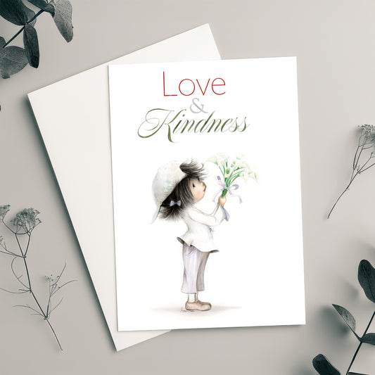 Greeting card with illustration of a child holding flowers and text 'Love & Kindness' on a light gray background.