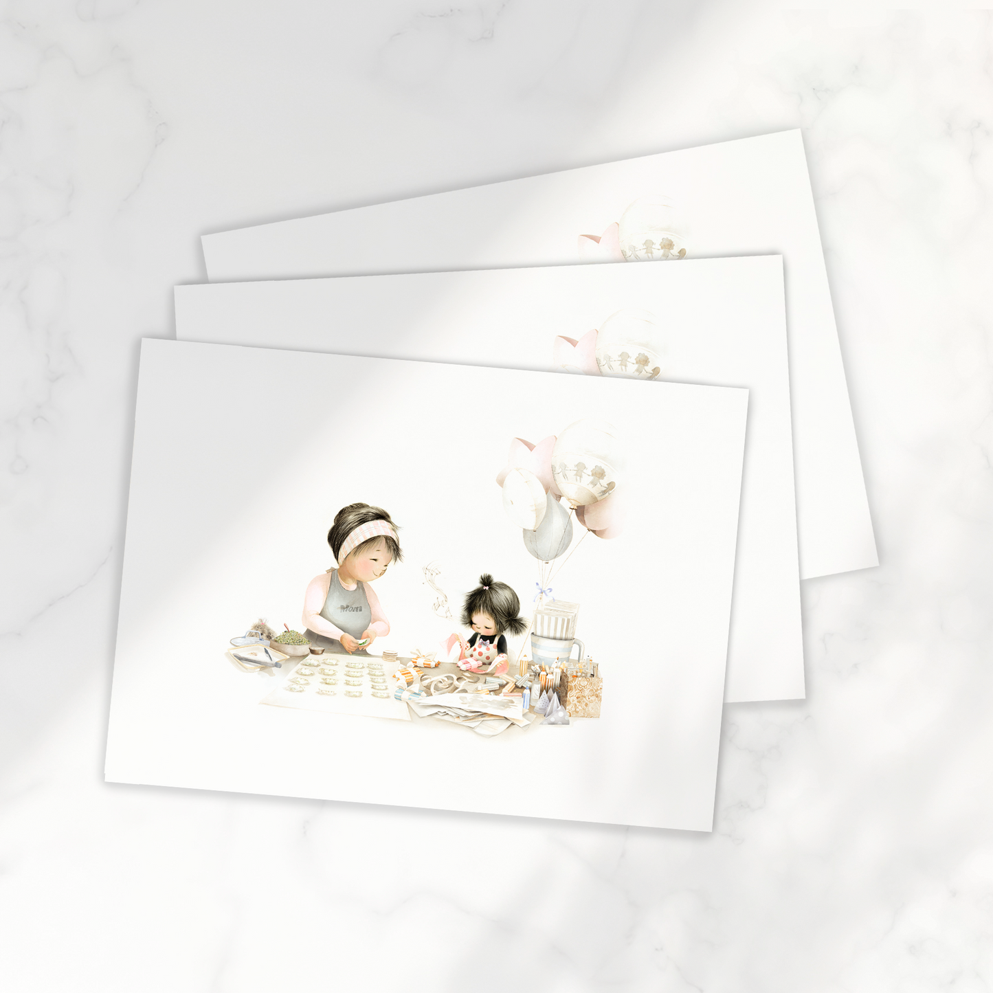 Set of greeting cards with illustrations of a mother and a child at a table on a white background