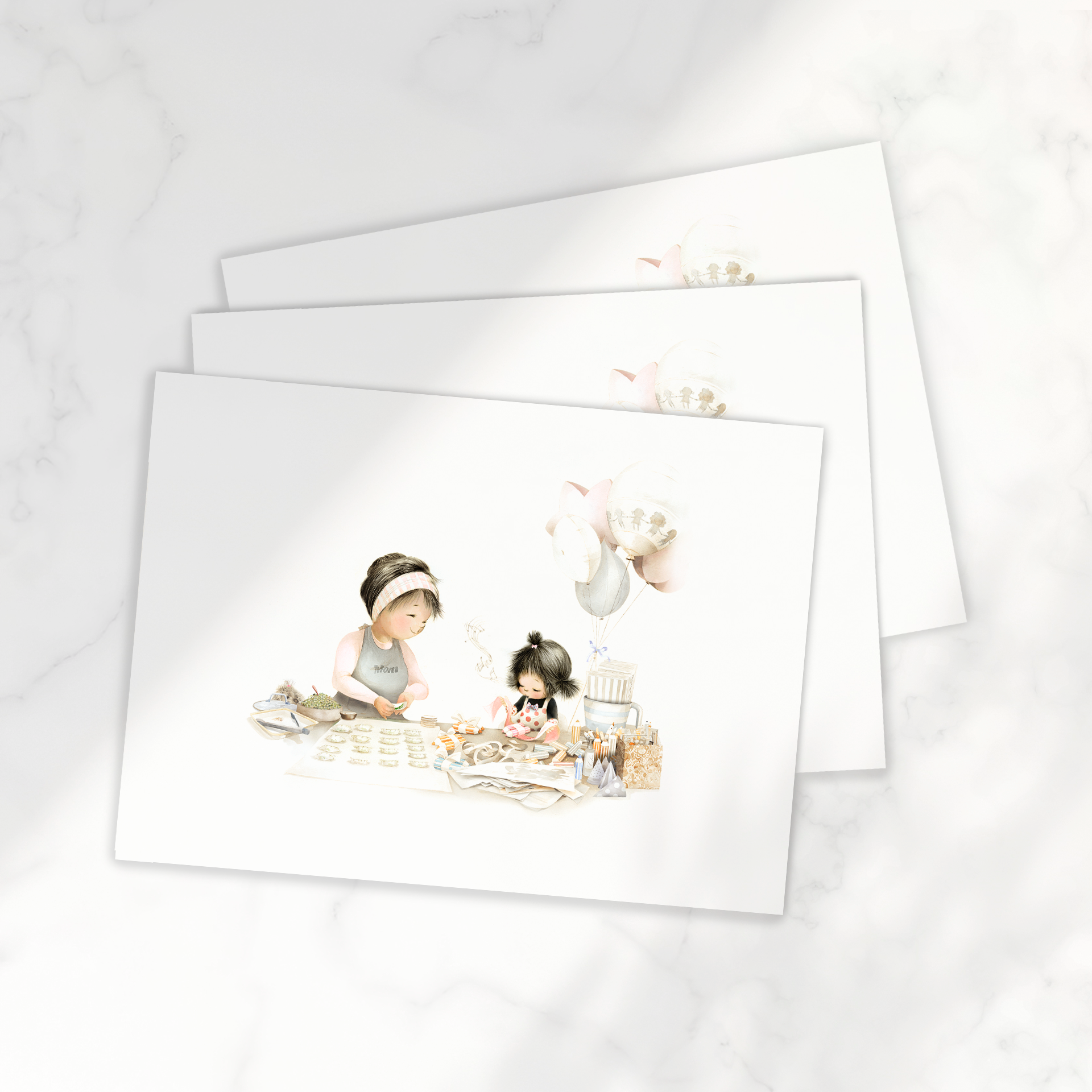 Set of greeting cards with illustrations of a mother and a child at a table on a white background