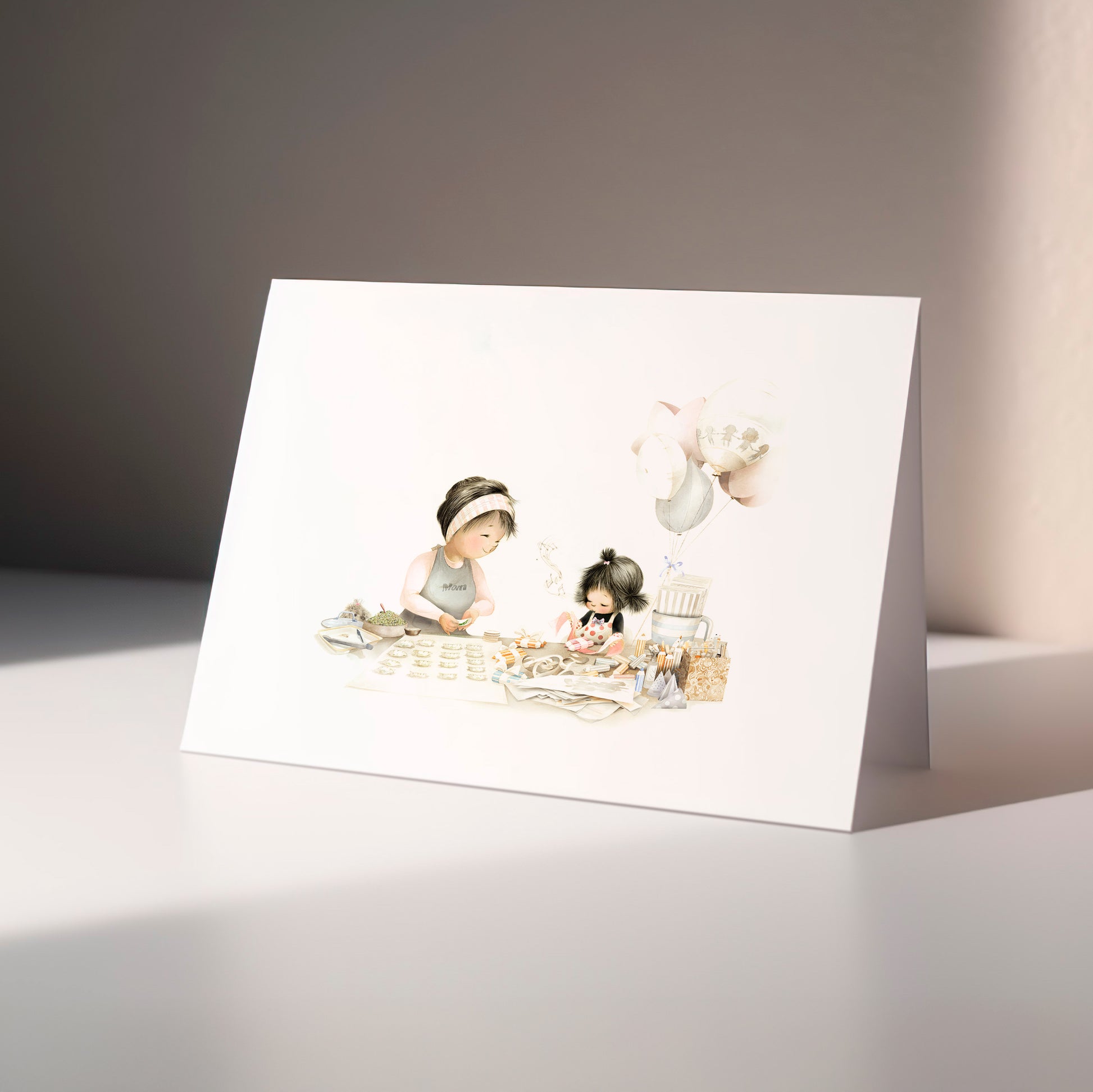 Greeting card with illustration of a mother and a child at a table on a white background