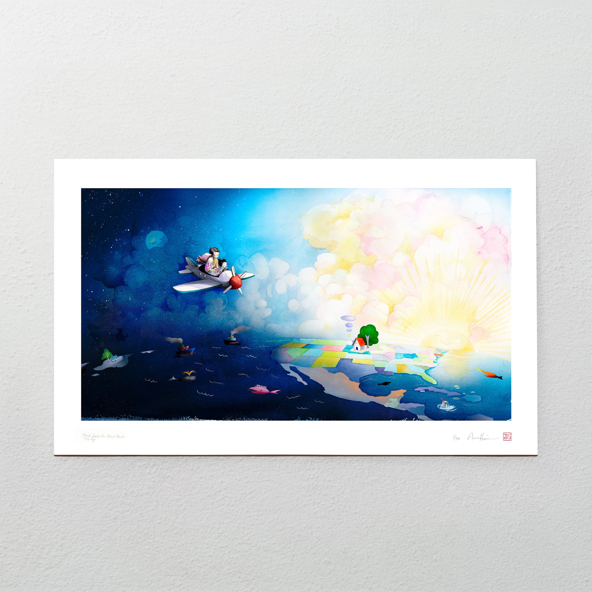 Colorful artwork of a plane flying over a colorful landscape with a white border.