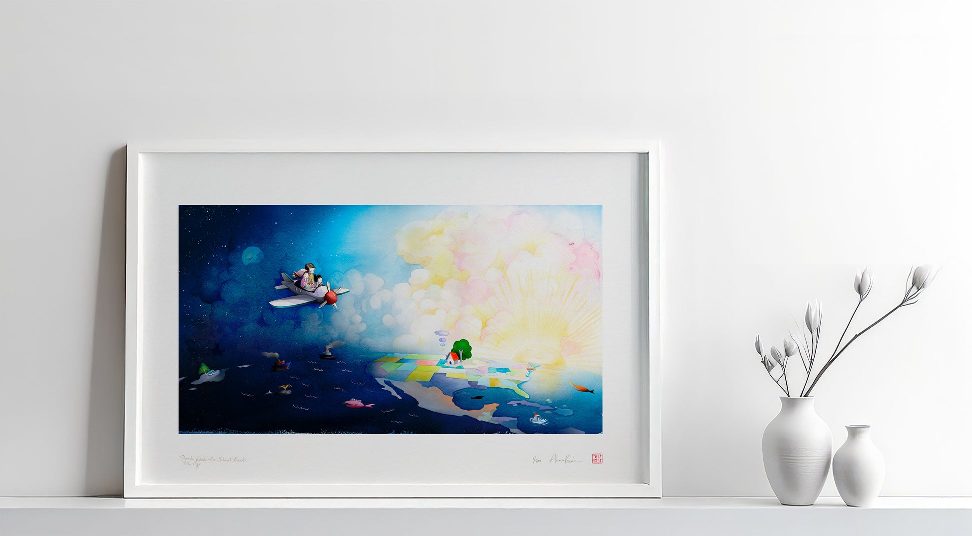 Framed artwork of a colorful scene with a plane and characters on a white wall.