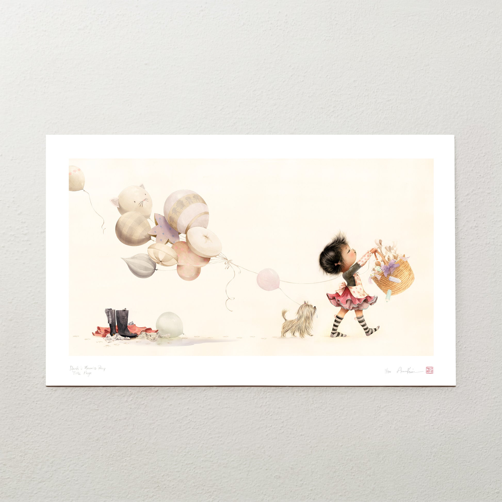 Illustration of a girl with balloons and a dog on a light gray background