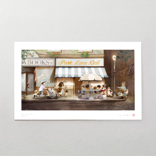 Illustration of a street scene with a deli named 'Park Lane Deli' on a gray background