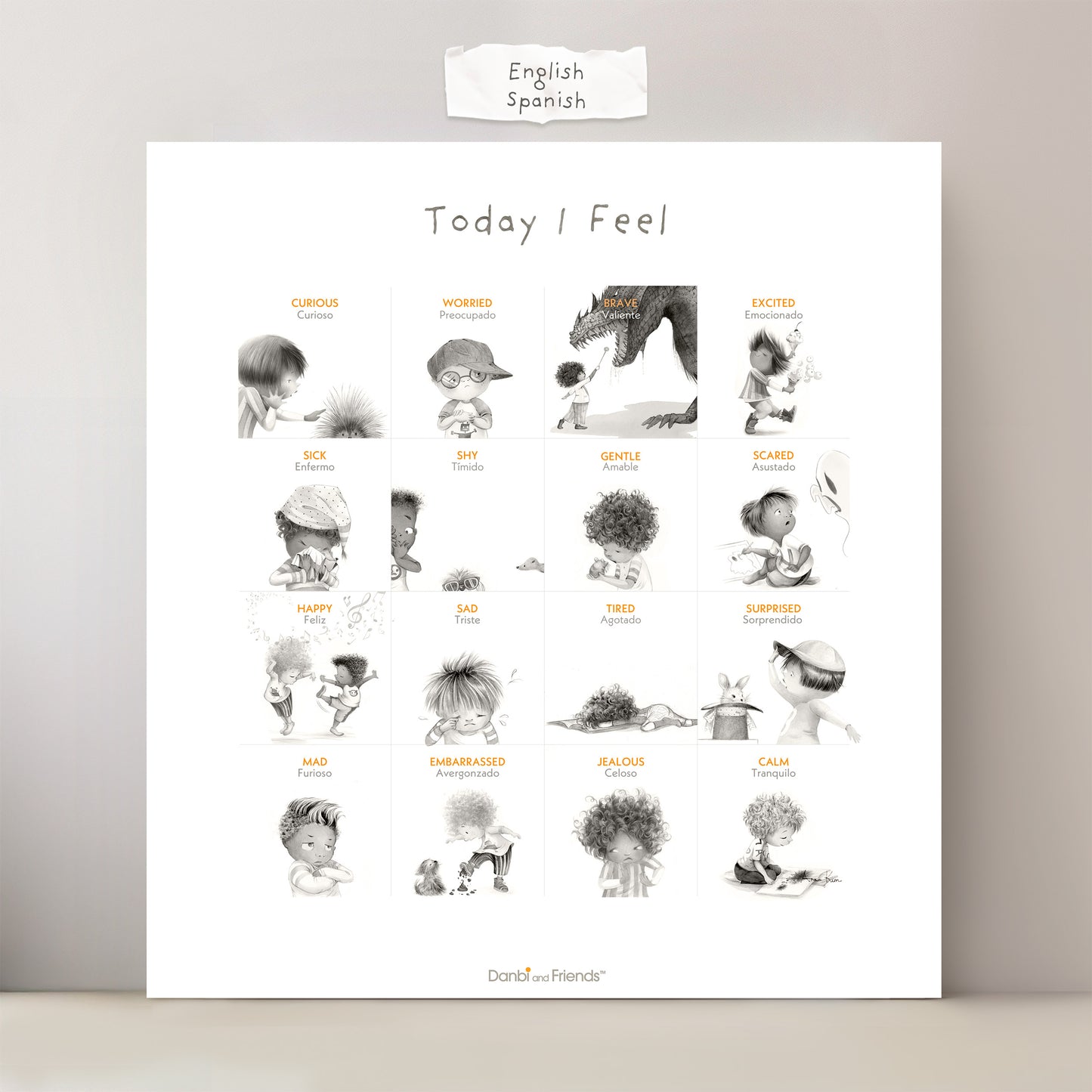 Poster titled 'Today I Feel' with illustrations of children in various emotional states on a white background.