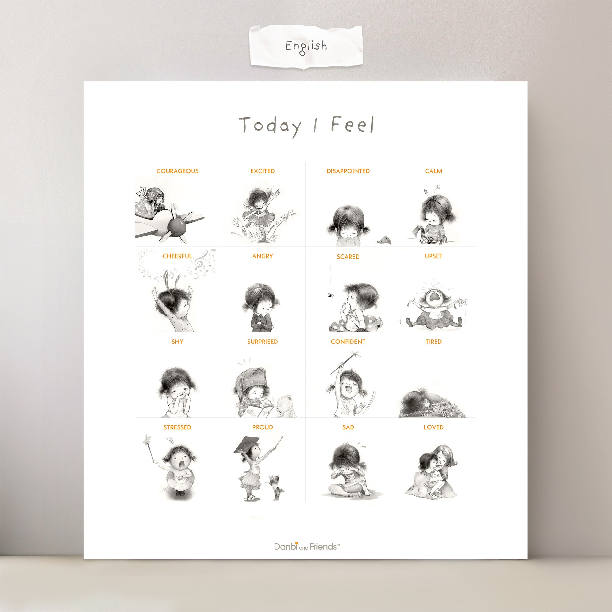 Poster titled 'Today I Feel' with illustrations of Danbi in various poses and emotions on a white background.