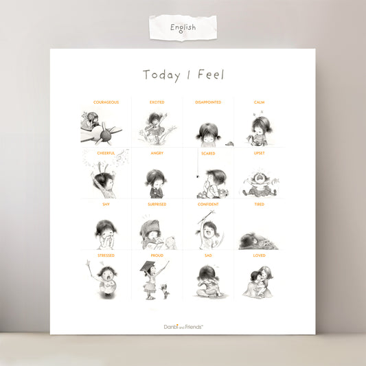 Poster titled 'Today I Feel' with illustrations of Danbi in various poses and emotions on a white background.