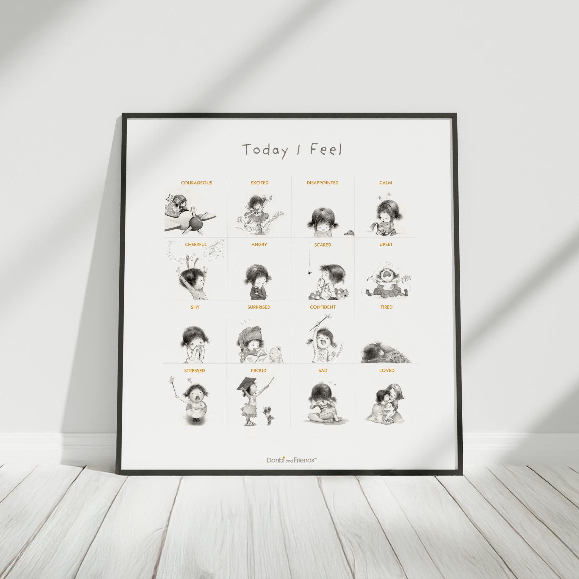 Framed poster titled 'Today I Feel' with illustrations of Danbi in various poses on a white background.