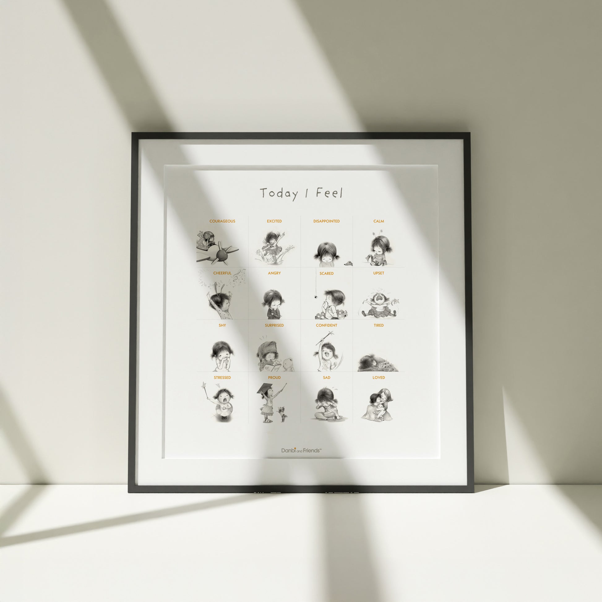 Framed artwork titled 'Today I Feel' with Danbi illustrations on a white background