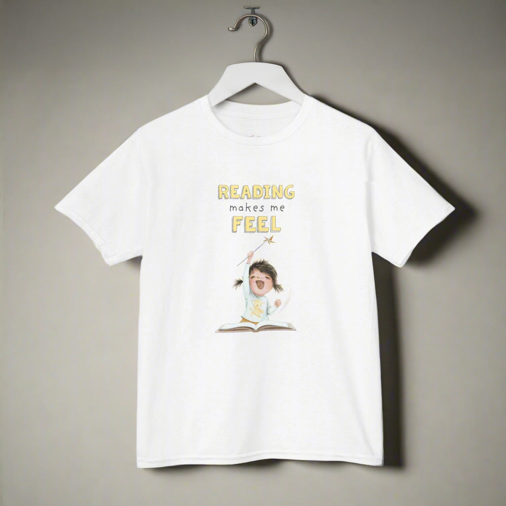 "Reading Makes Me Feel" Soft Kids T-Shirt (Color on White)