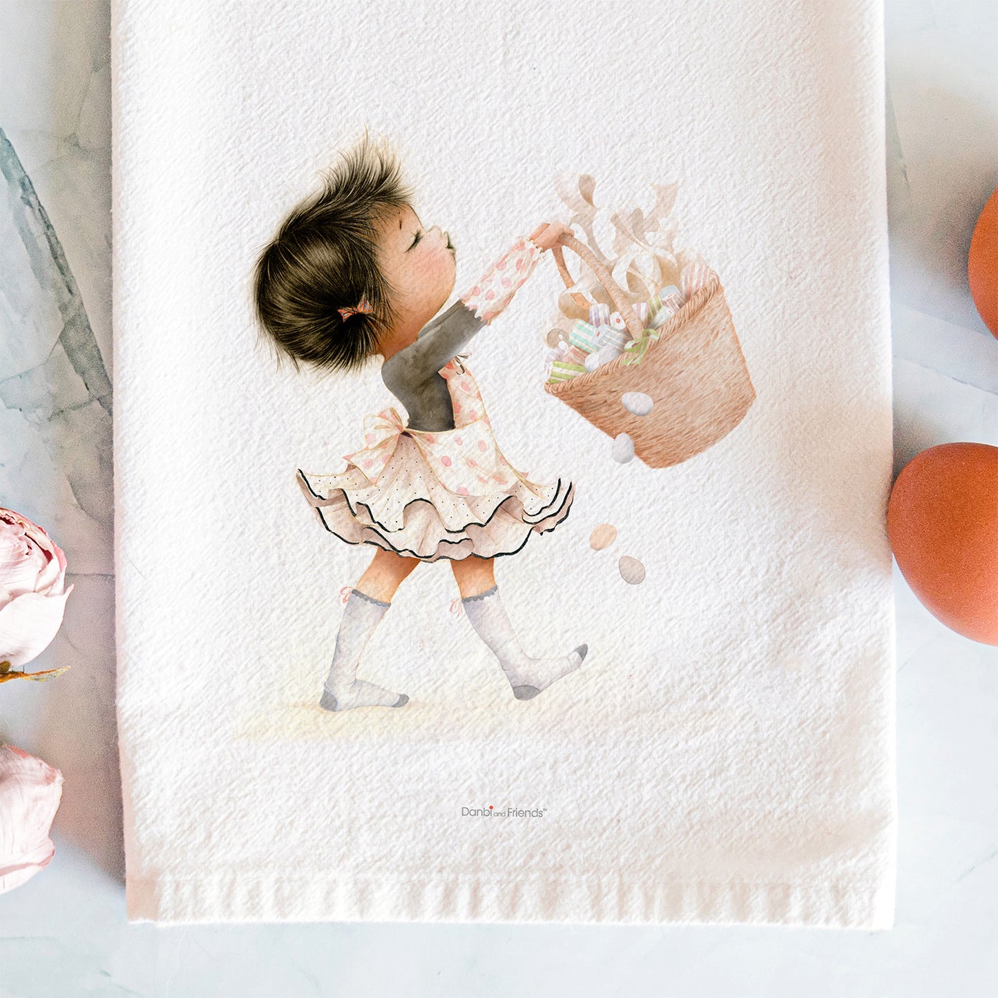 Illustration of a young girl holding a basket on a textured white surface