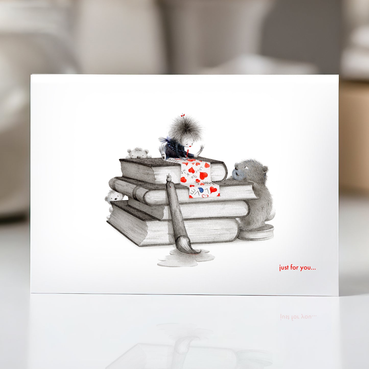 Illustration of animals and bear on books with a card, on a white background.
