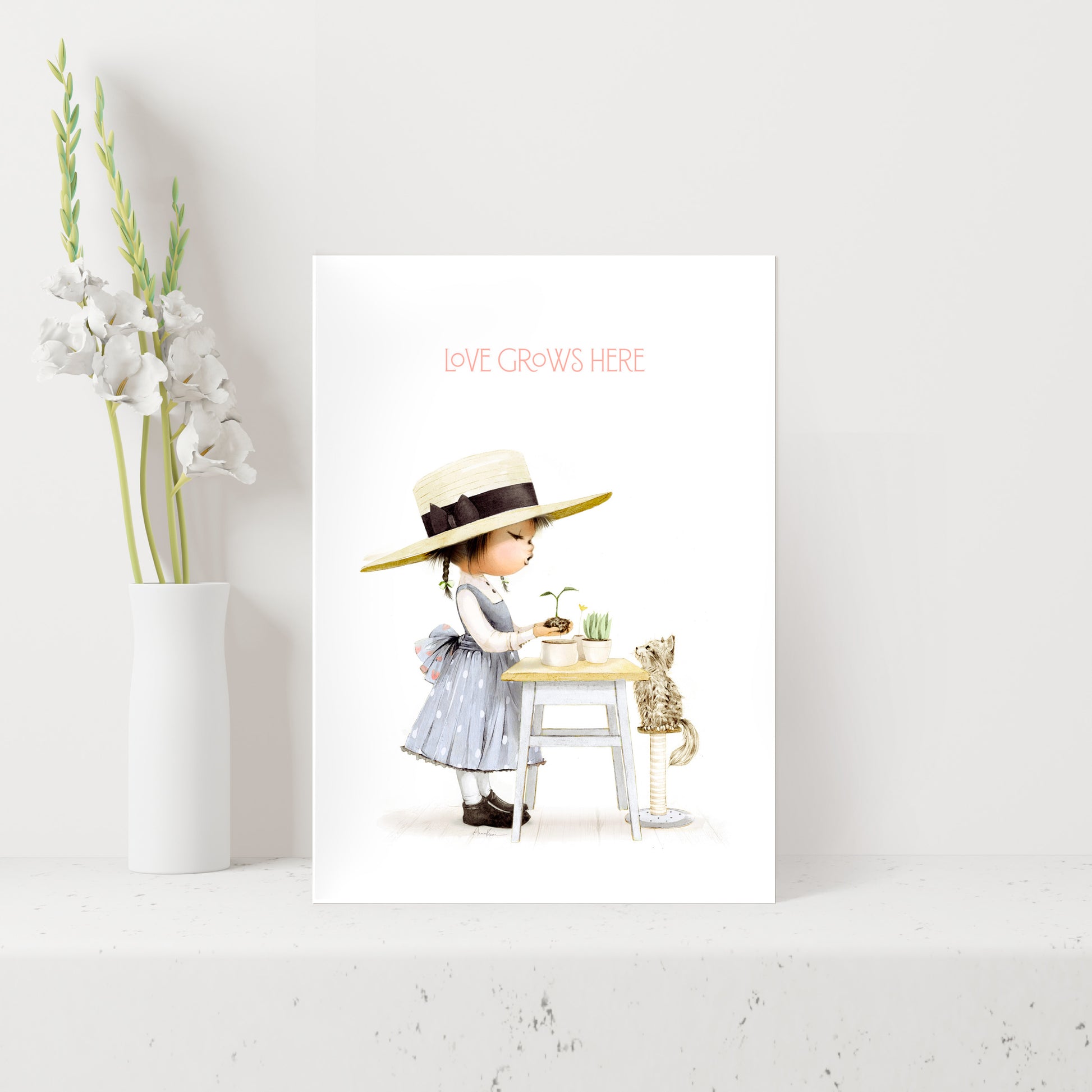 Illustration of a girl with a sun hat on a white background with text 'Love Grows Here'.
