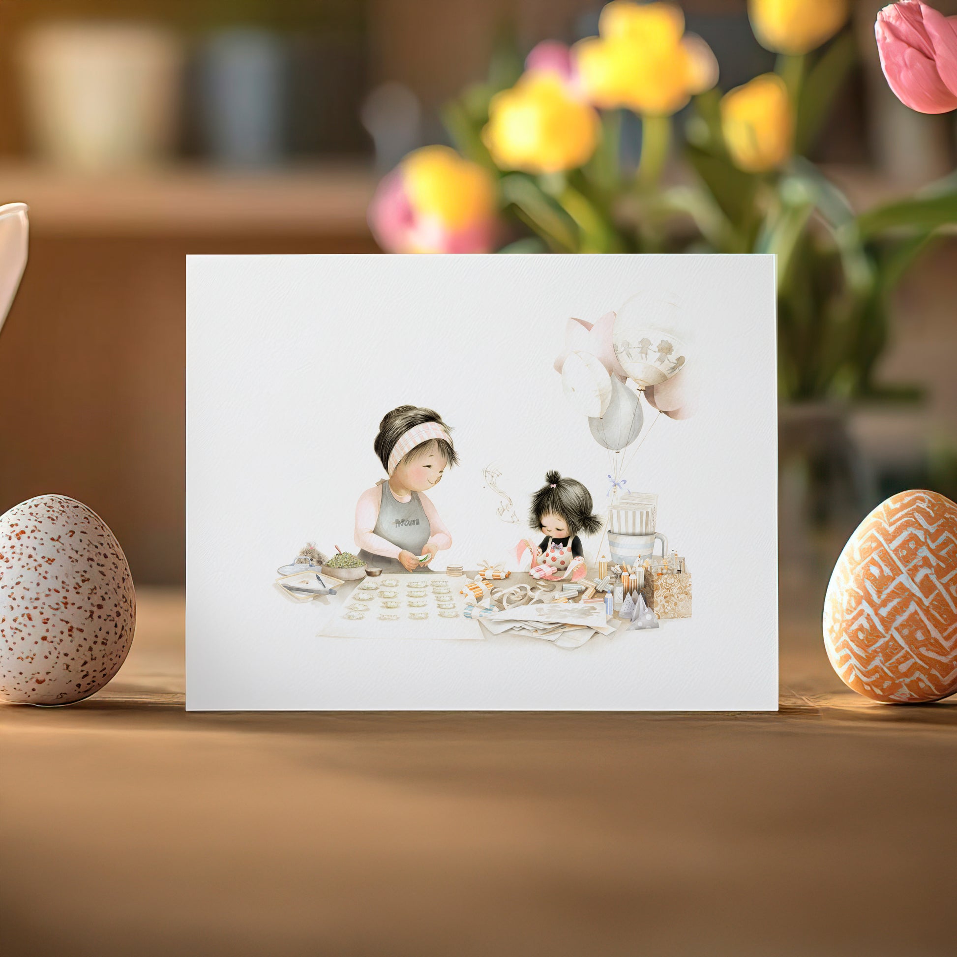 Greeting card with illustration of a mother and a child on a wooden surface with decorative eggs and flowers.