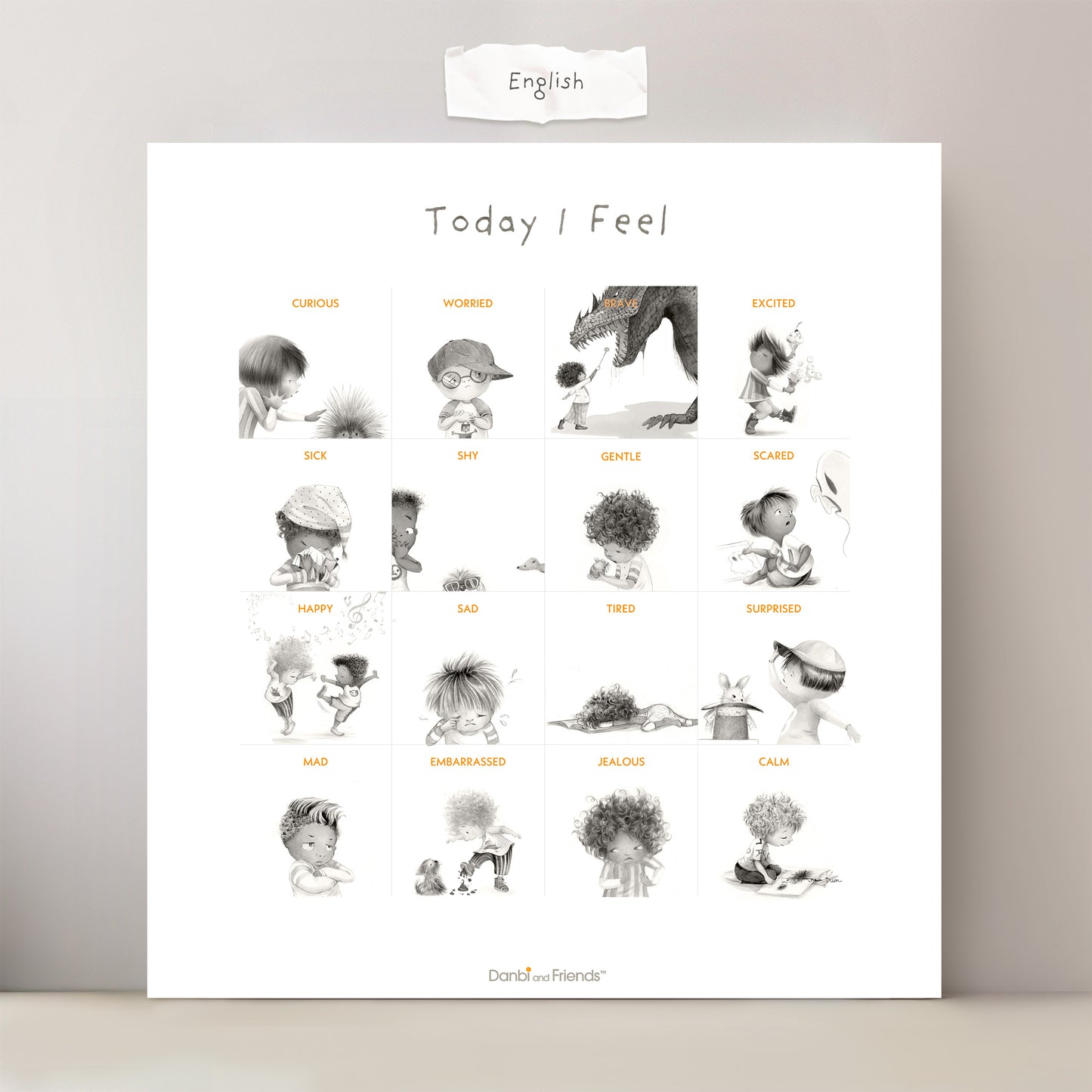 Poster titled 'Today I Feel' with illustrations of children in various poses on a gray background.