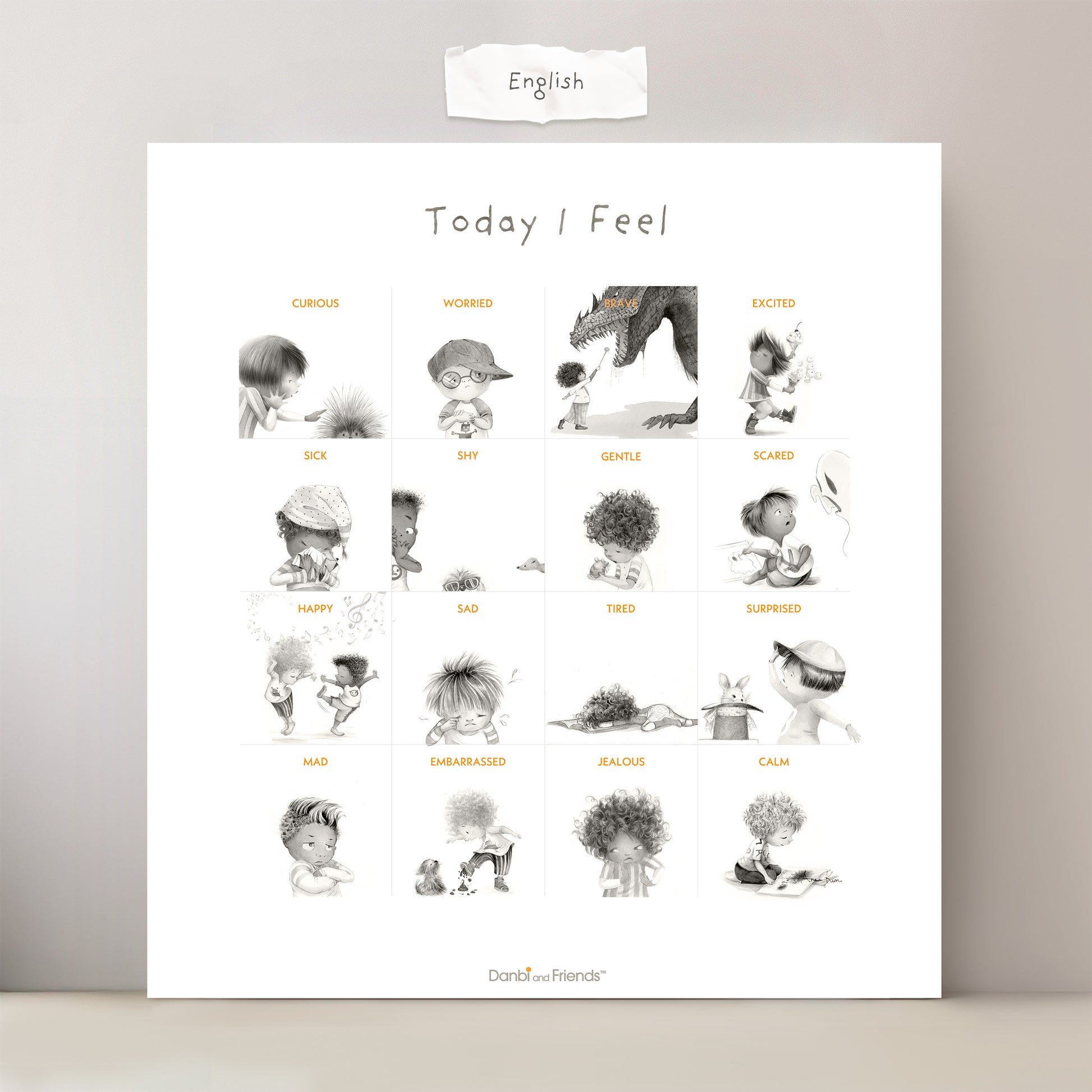 Poster titled 'Today I Feel' with illustrations of children in various poses on a gray background.