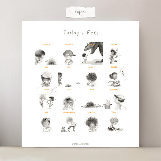 Poster titled 'Today I Feel' with illustrations of children in various poses on a gray background.