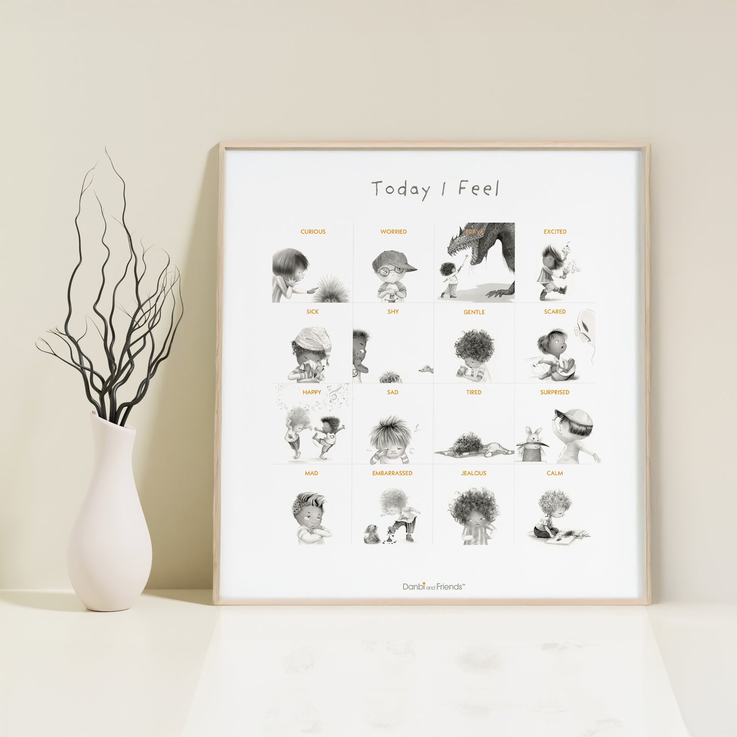 Framed artwork titled 'Today I Feel' with black and white illustrations of children in various poses, displayed on a light beige wall.