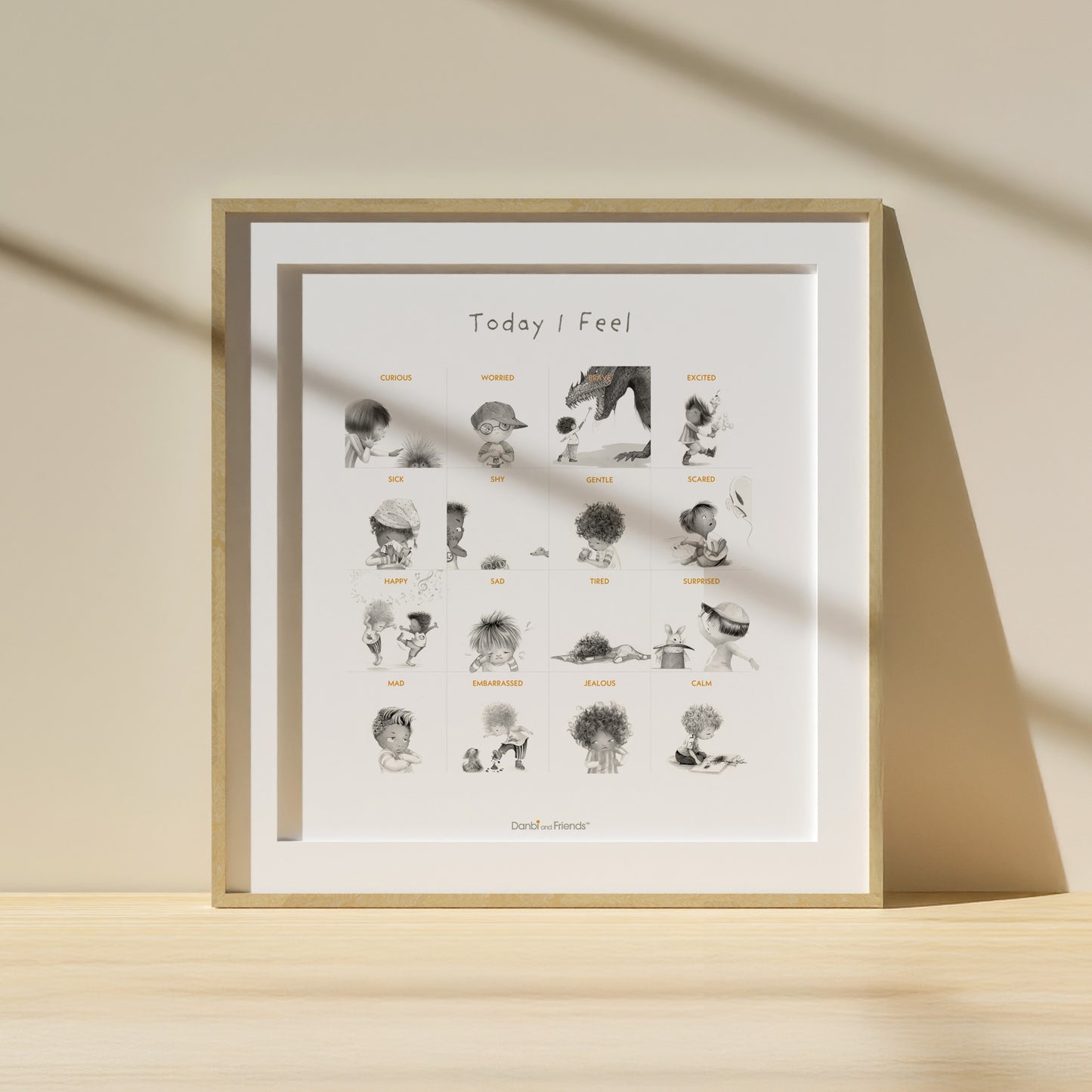 Framed artwork titled 'Today I Feel' with various illustrations on a beige background